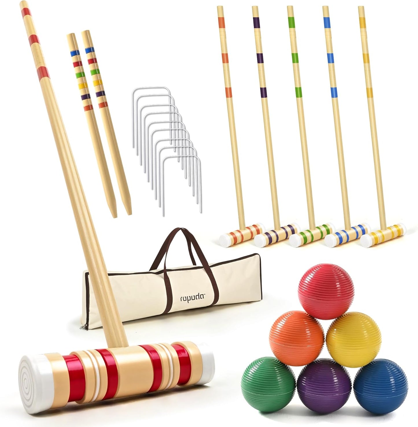 Ropoda 35-Inch Six-Player Croquet Set - Wooden Mallets & Colored Balls | Sturdy Carrying Bag for Lawn & Backyard Fun