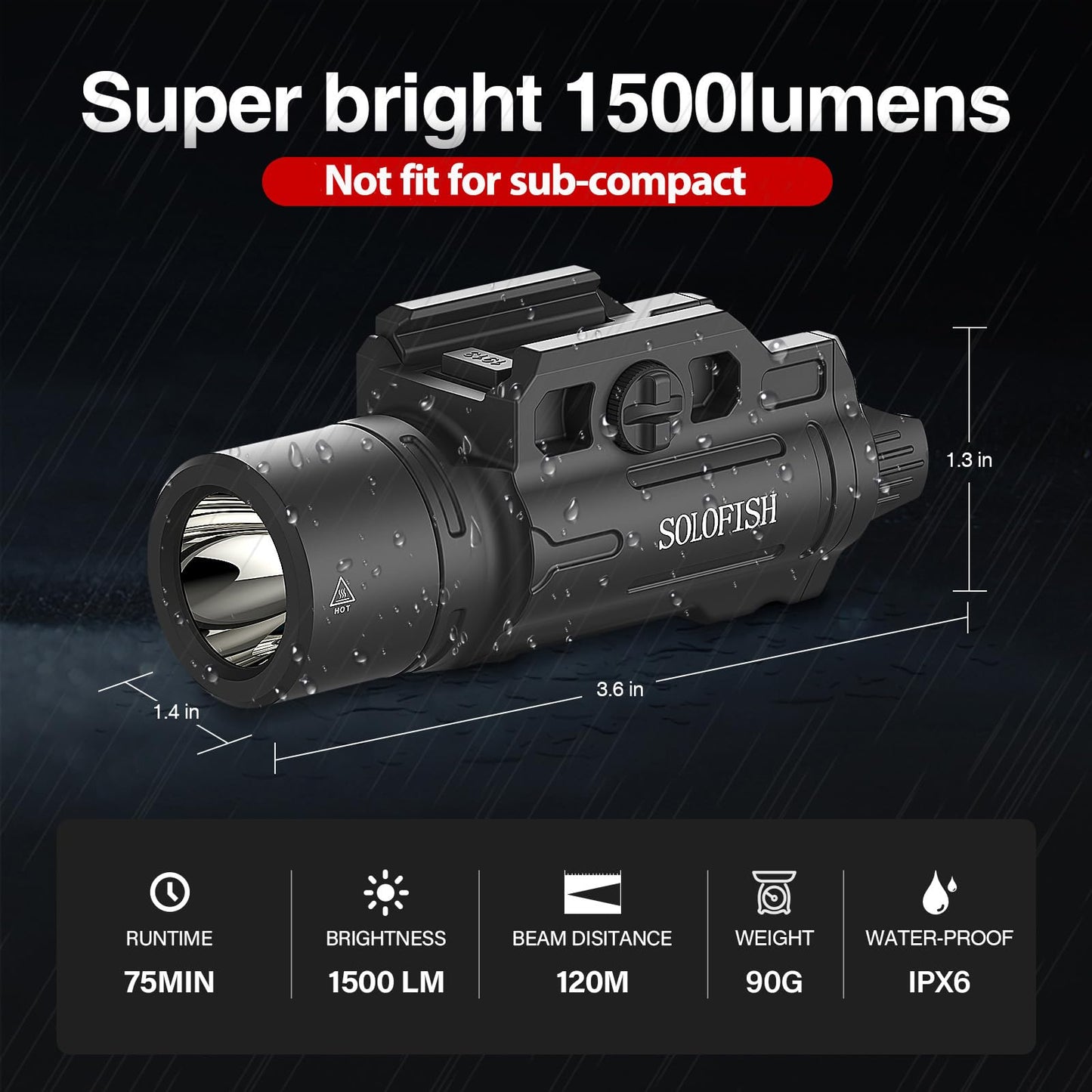 Solofish 1500 Lumens Slidable Pistol Light with Strobe/Momentary