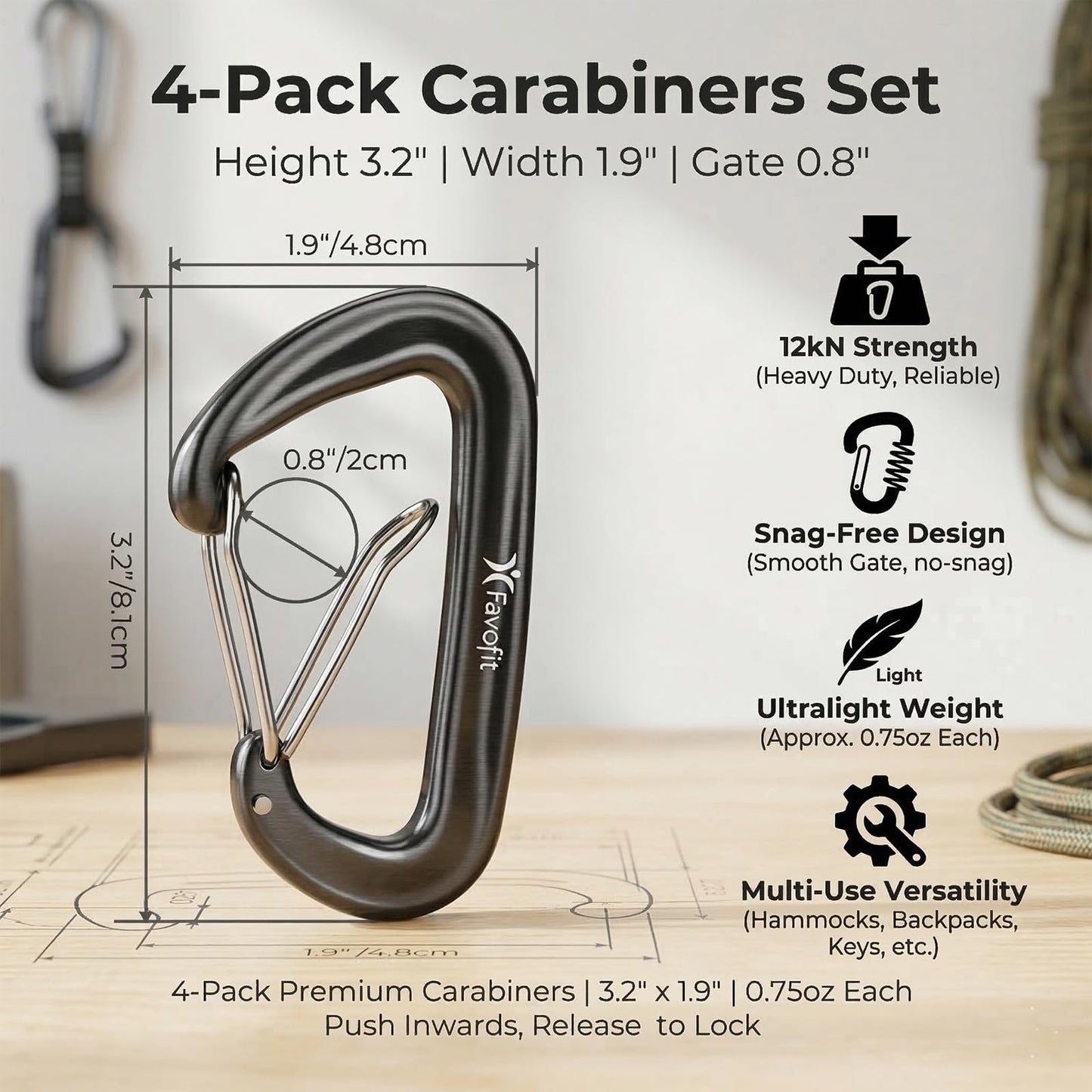12KN Heavy Duty Carabiner Clips - Favofit 3.2'' Small Carbineers for Hiking Camping Hammocks Keys Keychains Dog Leashes - Ideal for Outdoor Enthusiasts