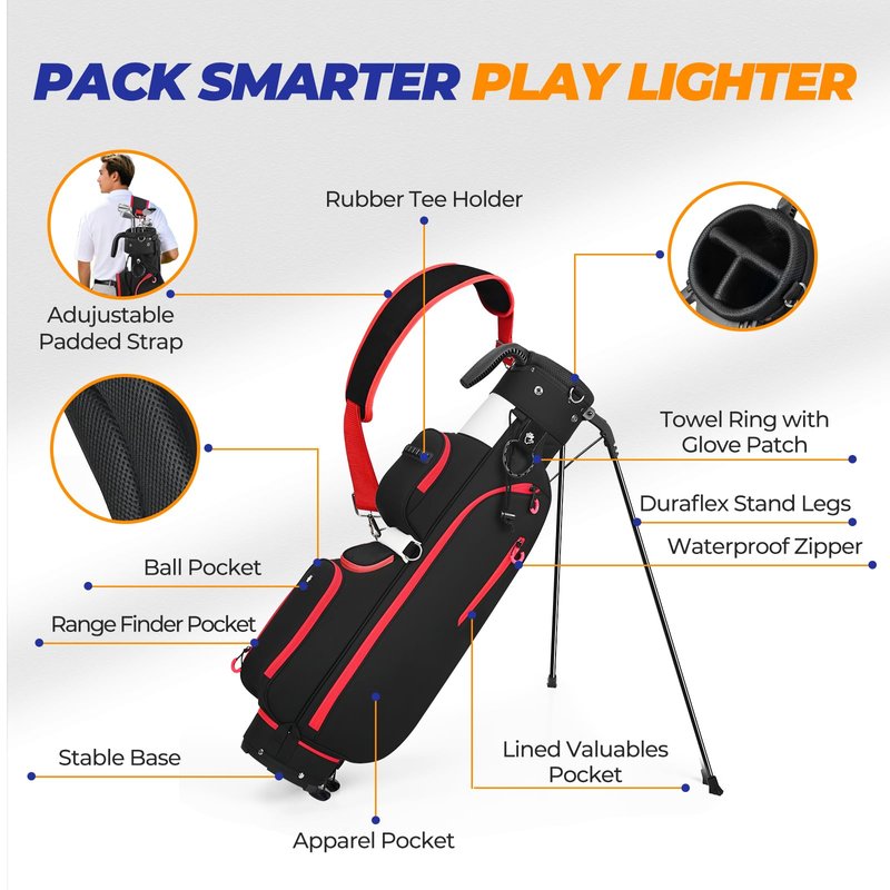 Sturdum Golf Stand Bag, Lightweight Par 3 Golf Bag with 3 Way Dividers Fits Up to 8 Clubs, 3.7lbs Compact Yet Spacious Pitch N Putt for Driving Range, Cooler Pockets, Black