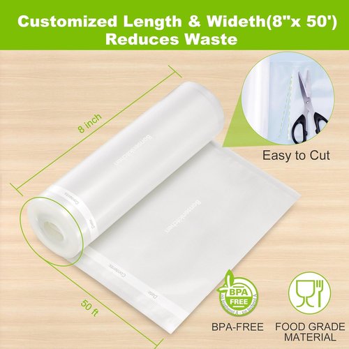Bonsenkitchen Vacuum Sealer Bags - Heavy Duty BPA-Free Food Storage Rolls | 8" x 50' | Ideal for Sous Vide Cooking