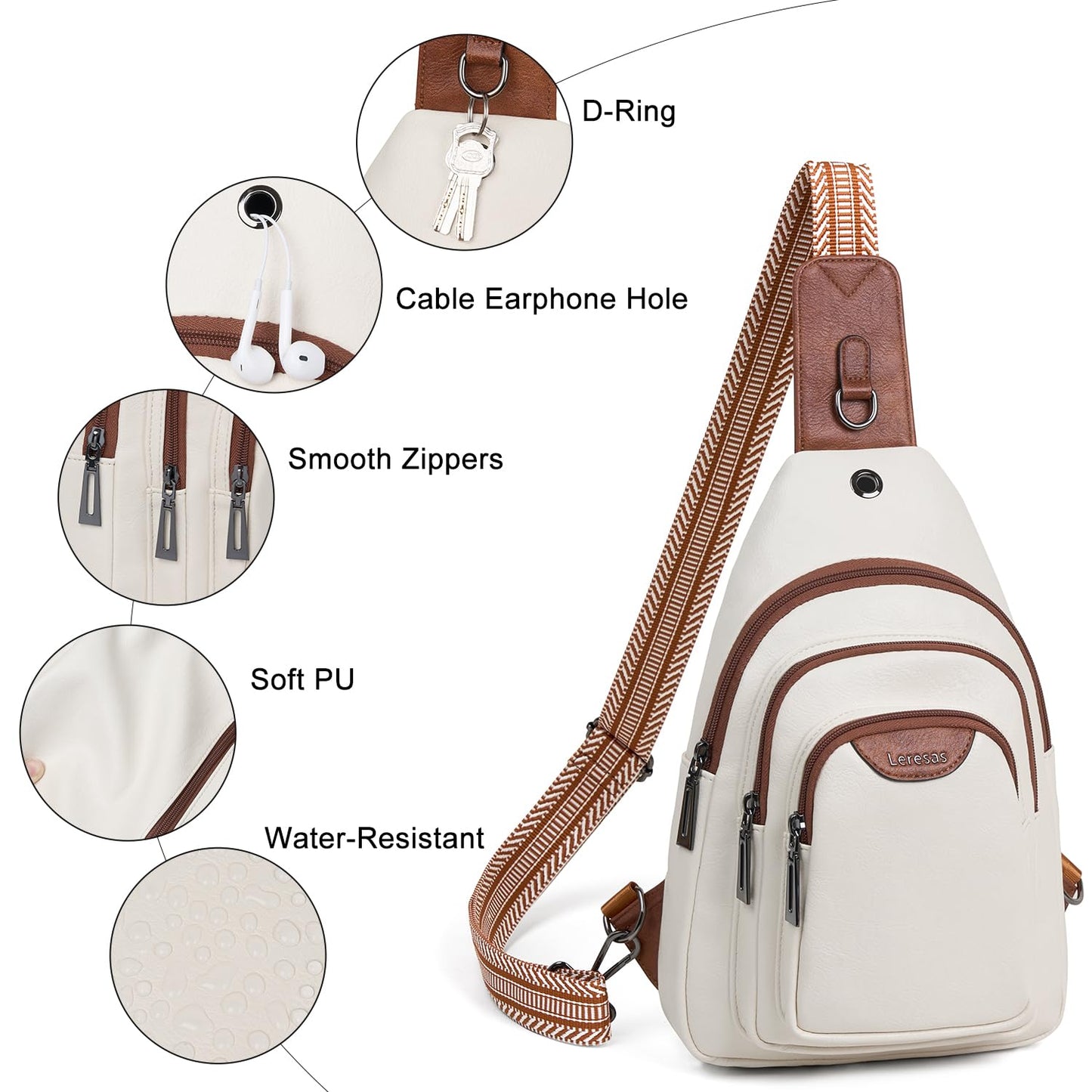 Leresas 10L Crossbody Sling Bag for Women Men Anti Theft Cross Body Fanny Pack Belt Bag Purse Gifts for Women Faux Leather, Beige Brown