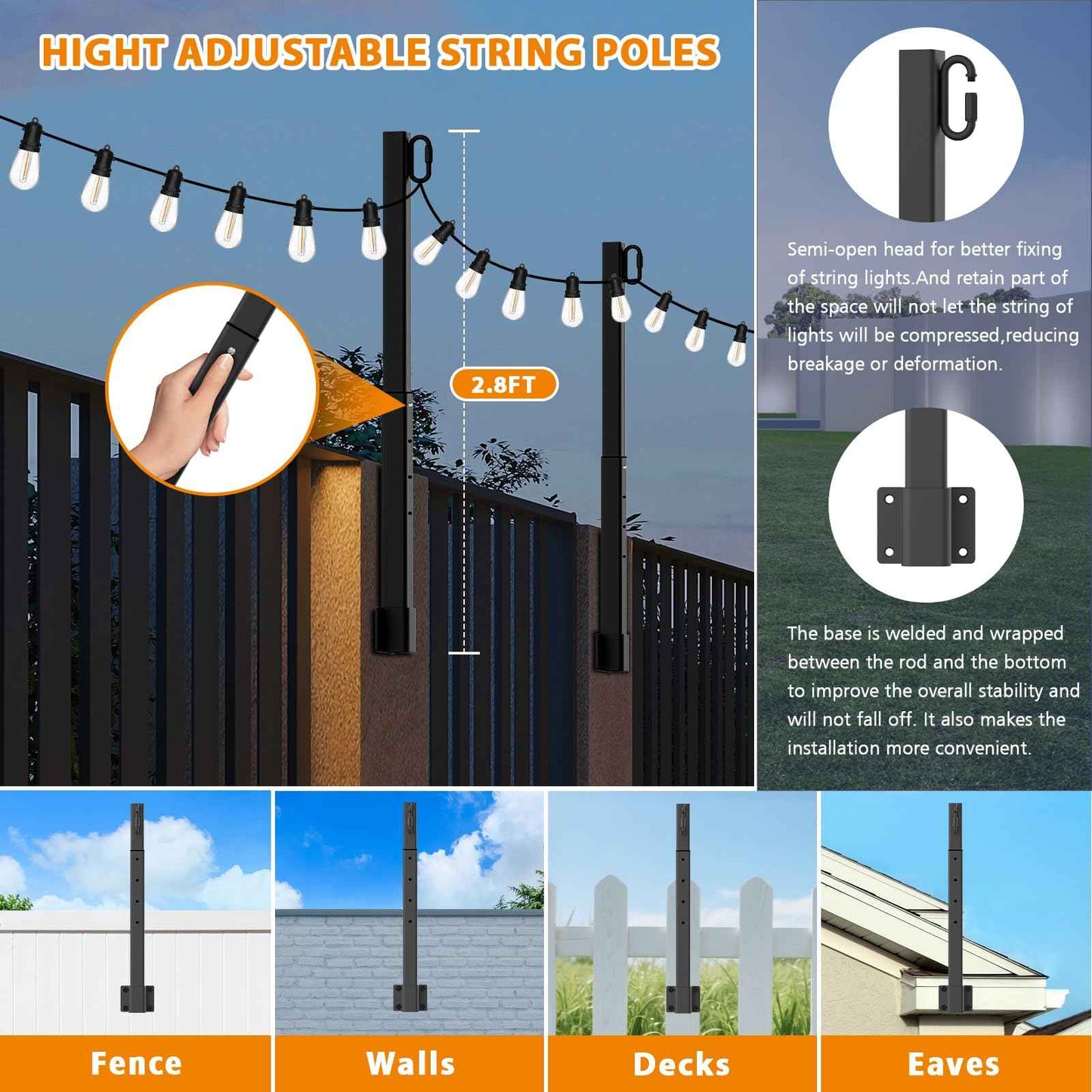 Mutovlin 4 Pack String Light Poles,2.8 Ft Light Poles for Outside String Lights,Outdoor Lights Pole with Fork,Metal Poles Stand for Patio Deck Backyard