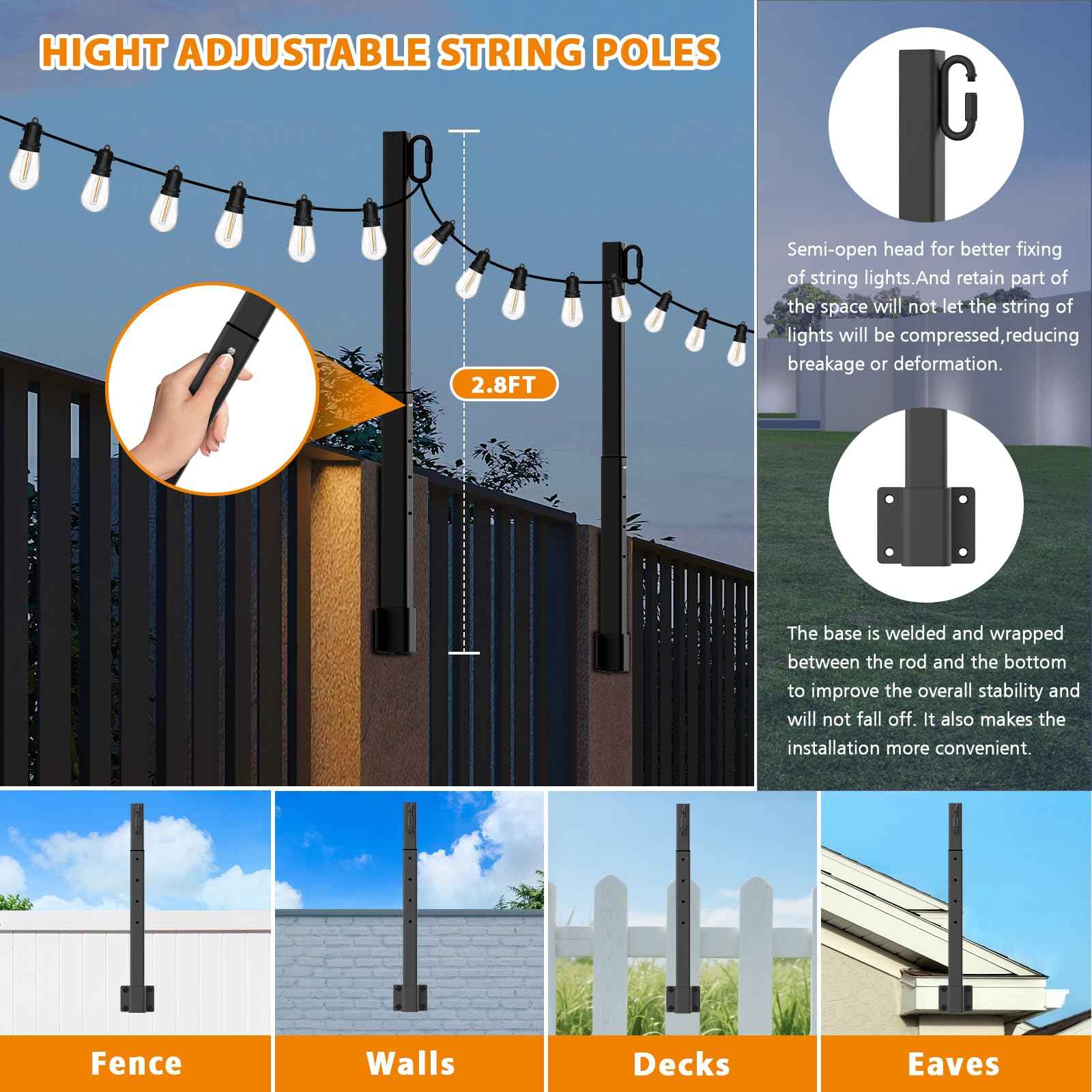 Mutovlin 4 Pack String Light Poles,2.8 Ft Light Poles for Outside String Lights,Outdoor Lights Pole with Fork,Metal Poles Stand for Patio Deck Backyard