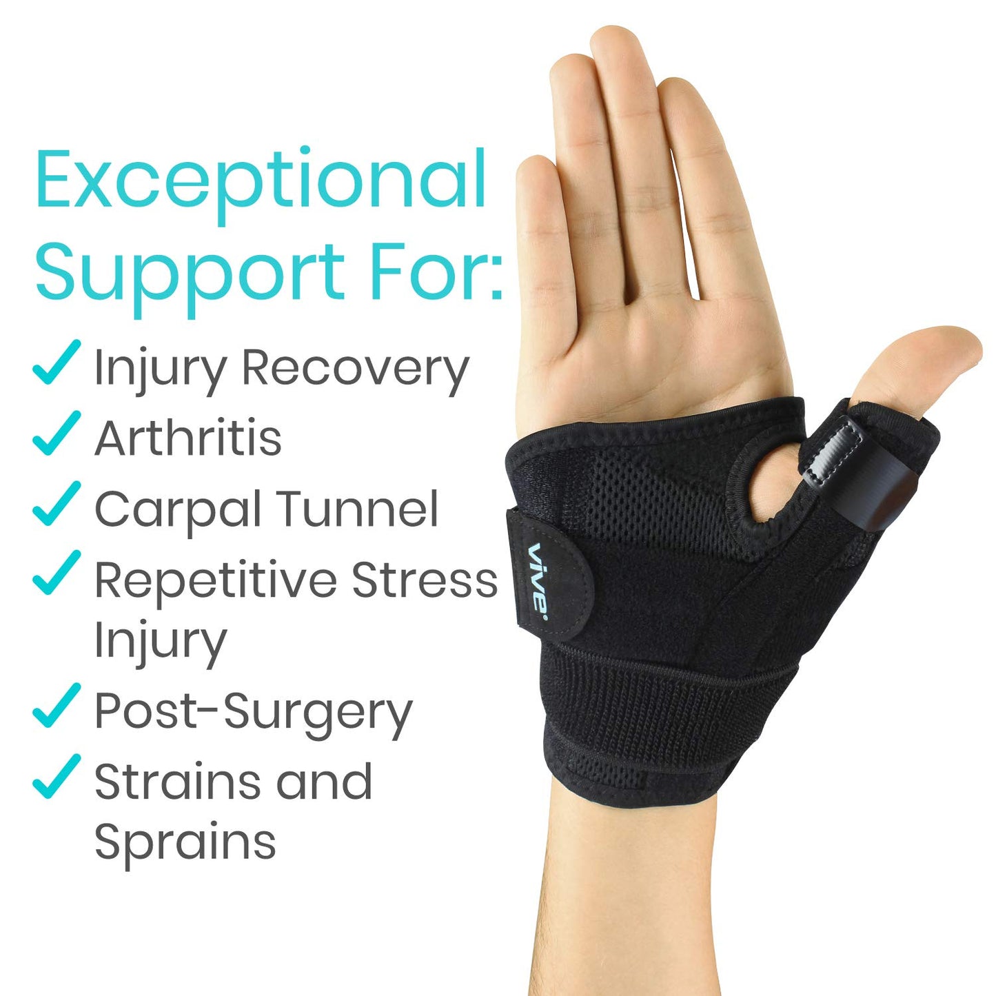 Vive Thumb & Wrist Brace for Right or Left Hand - Spica Splint Brace for Carpal Tunnel, Tendonitis, & Arthritis in Hands or Fingers - Compression Support for Women Men - Stabilizer Relief for Bowling