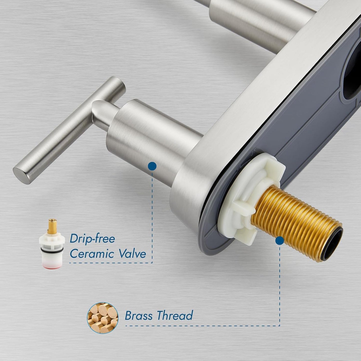 Brushed Nickel Kitchen Faucet with 360° Rotating Spout & Side Sprayer - 2 Handle, 8 Inch Centerset
