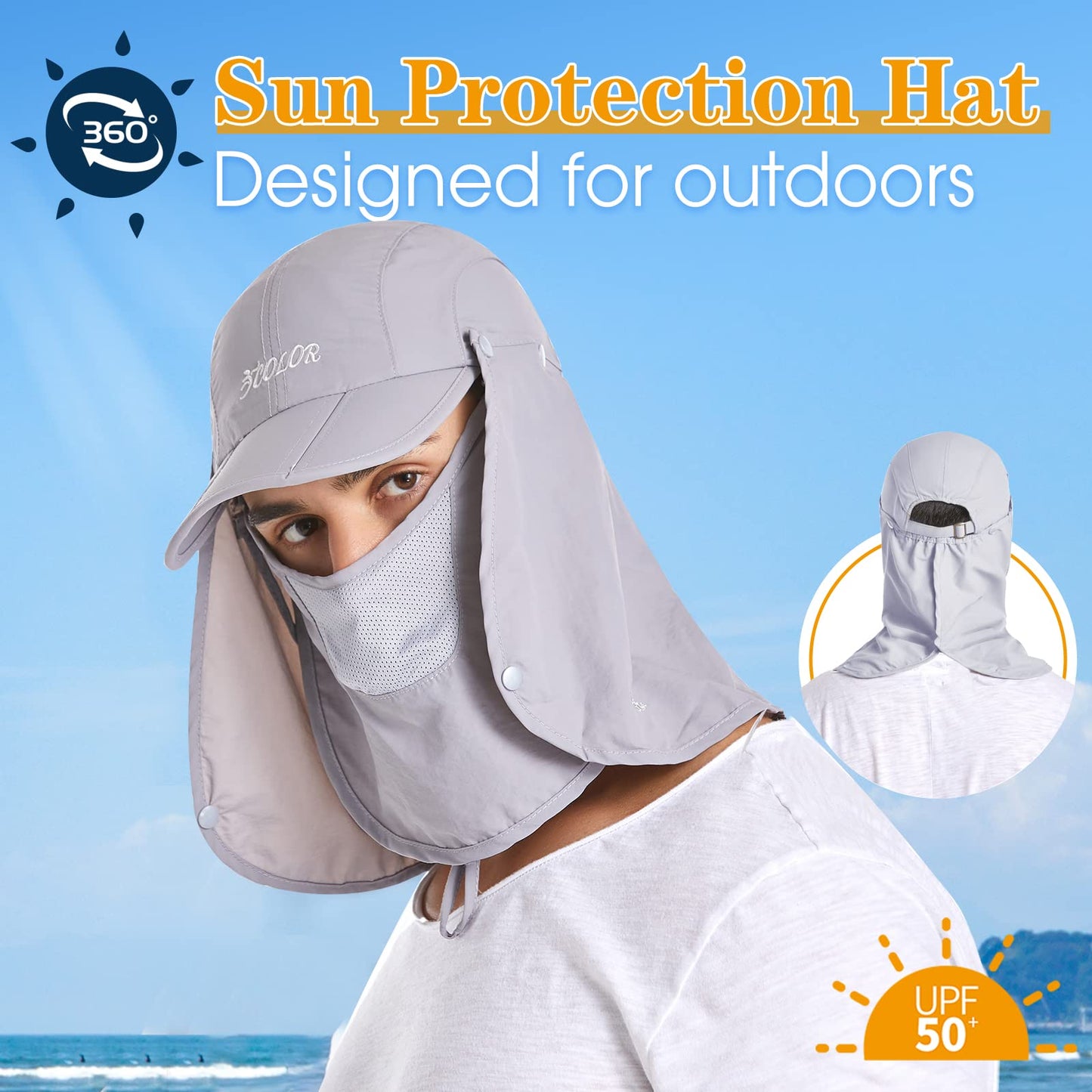 icolor Sun Hats for Men Women with Neck Flap,Foldable Sun Cap Fishing Sun Hats,Summer UPF50+ Sun Protection Ponytail Hats LightGray