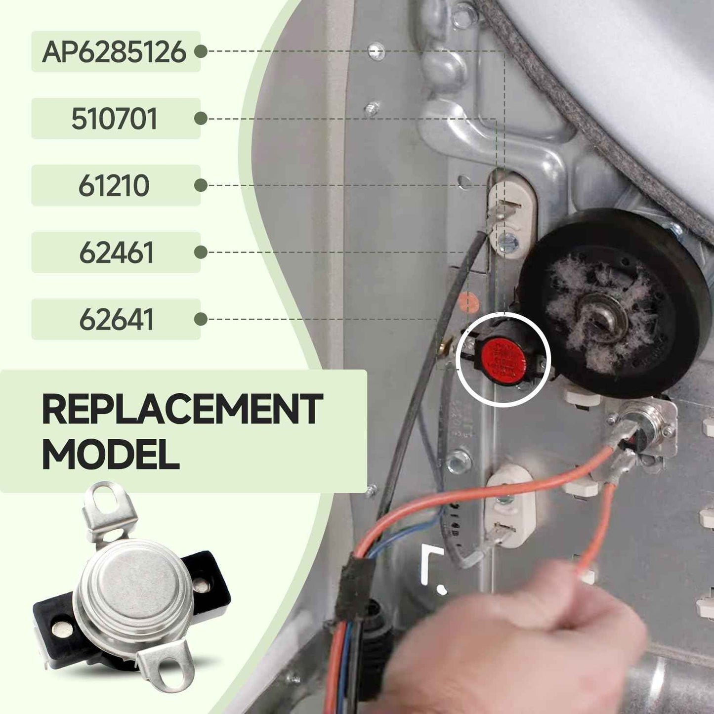 D510701 Dryer High Limit Thermostat, suitable for Speed Queen, Alliance, Amana, and Other Brands, Replaces AP6285126, 510701, 61210, 62461, 62641, PS17001072, 504537-OEM Replacement Part, L225-40F