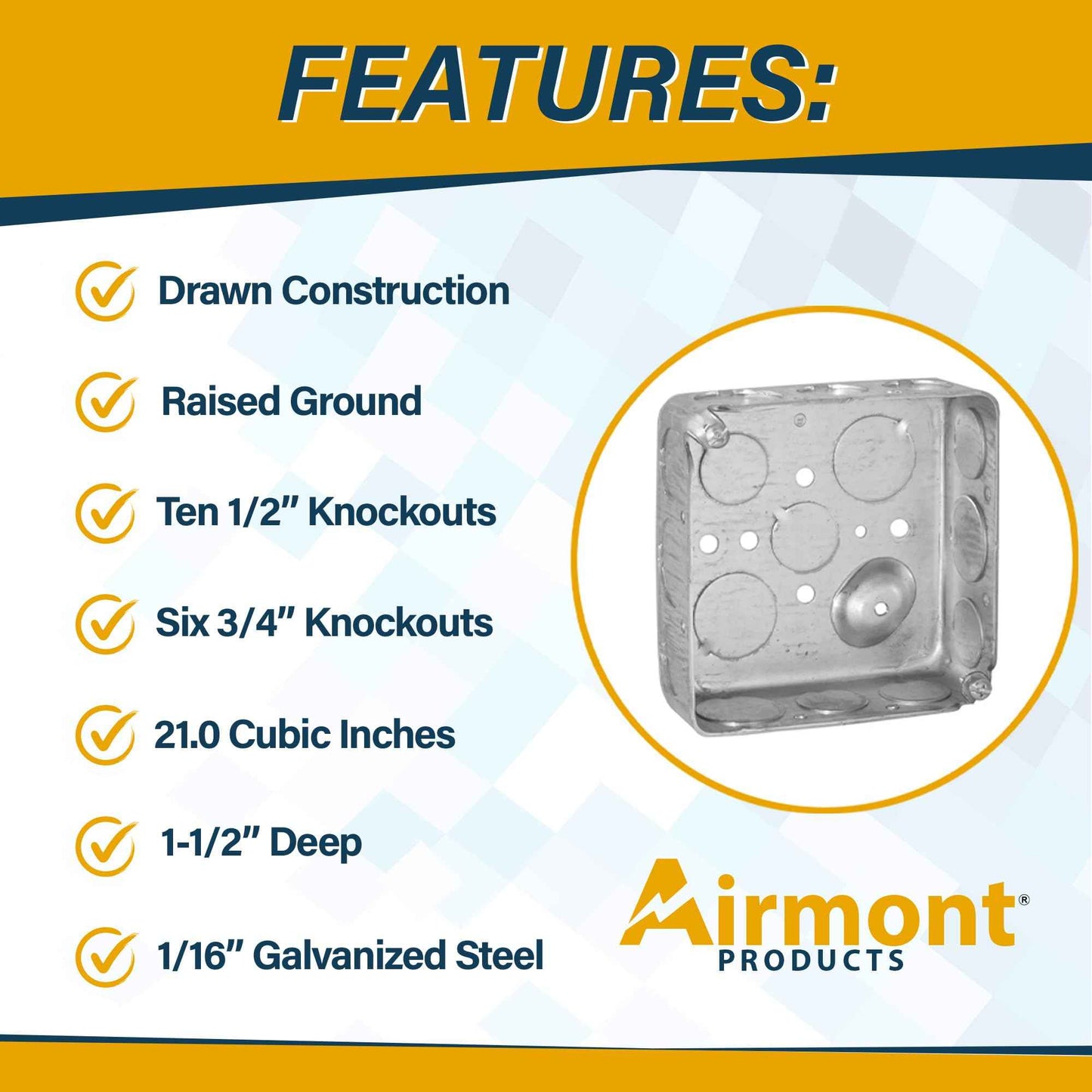 Outlet Box Kit, Includes 4x4'' Drawn Metal Electrical Box, 2 Tamper Resistant 20 Amp Duplex Receptacle Outlets, Duplex Receptacle 4x4'' Cover, Sixteen Knockouts (Single Receptacle Kit)