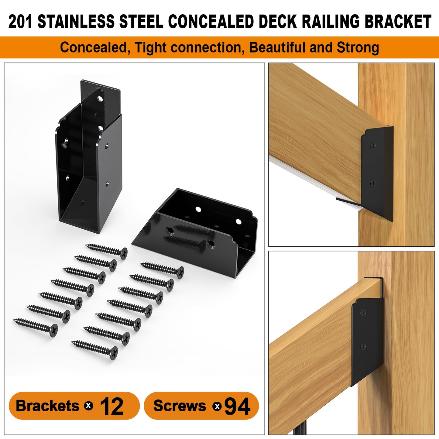 FMhotu 30° Stair Angle Stainless Steel Deck Railing Brackets Connectors for 2"x4" (Actual 1.5"x3.5") Railing Wood Post Stair Fence Railing Connectors with Coated Wood Screws,(12 Pair/Black)