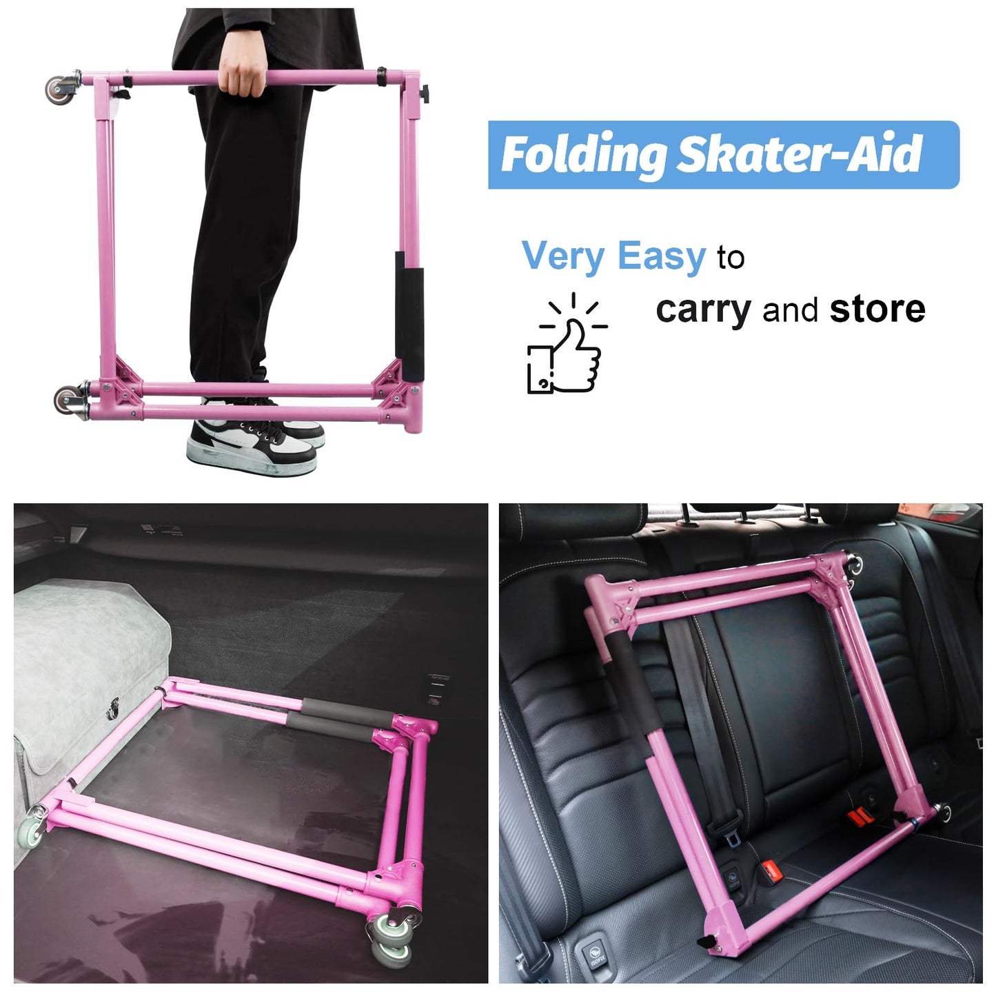 GanFindX Folding Skater Aid for Kids Roller Skating, 30in Height Roller Skate Trainer for Kids Toddler Training Walker, Pink