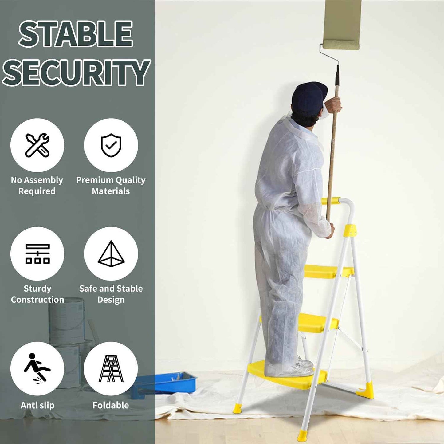 Portable 3-Step Folding Ladder - Sturdy Steel Step Stool with Anti-Slip Pedal & Handgrip, 500lbs Capacity for Home & Office