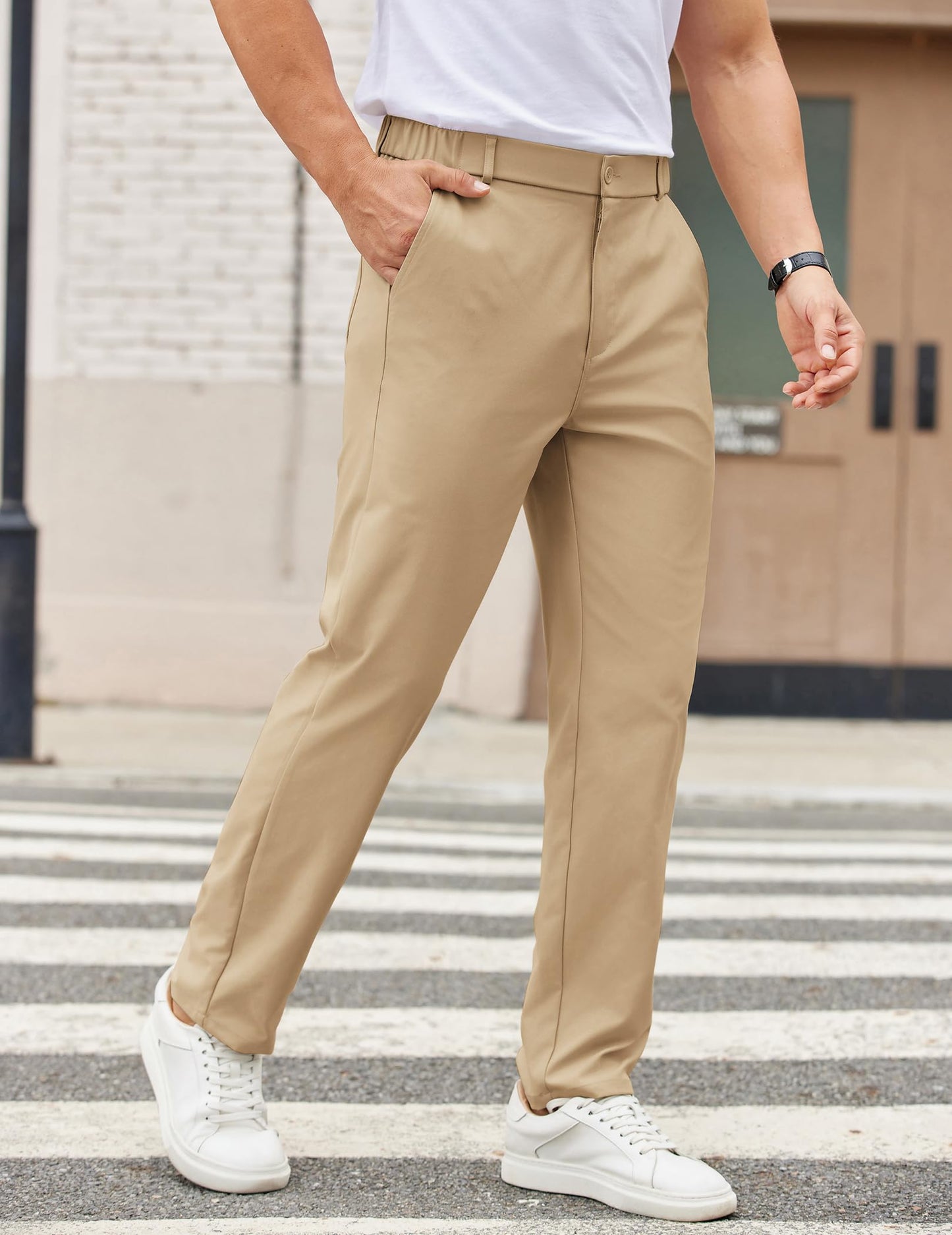 COOFANDY Mens Casual Dress Pants Relaxed Fit Lightweight Slacks Classic Stretch Twill Work Pants Khaki