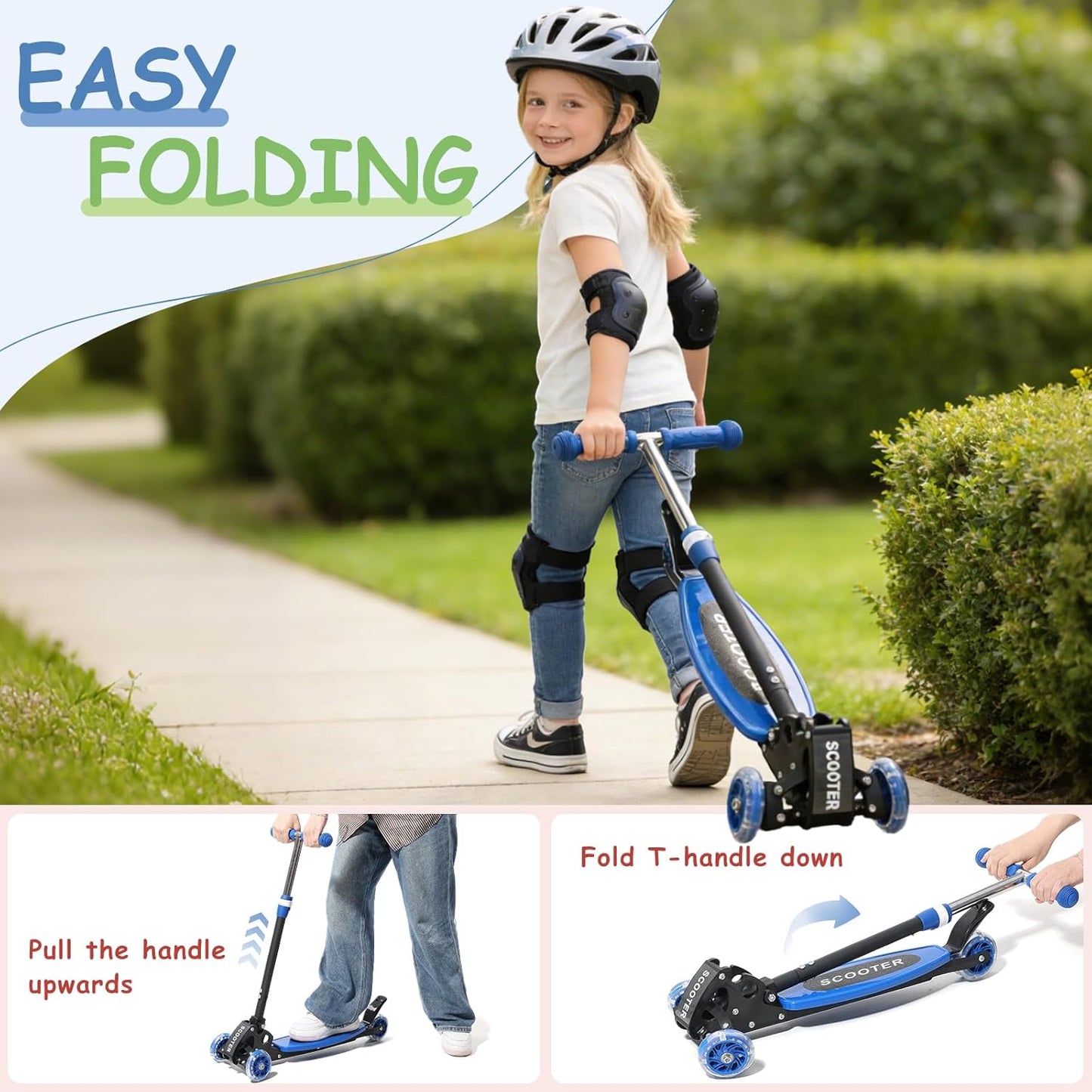 Skiennix Toddler Scooter - 3-Wheel LED Lighted Design | Adjustable Handlebar for Kids 2-7, Blue