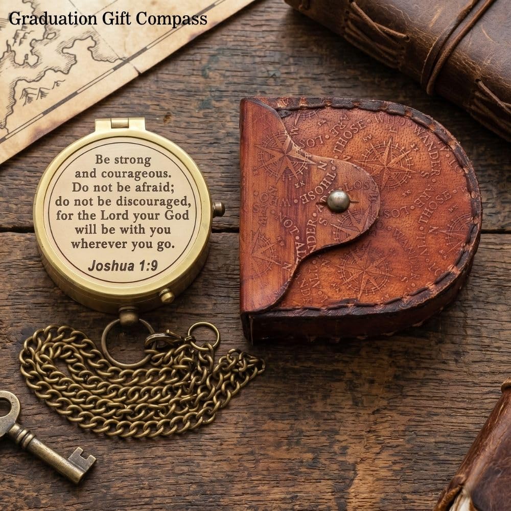 Be Strong and Courageous Compass – Joshua 1:9 Scripture Engraved – Solid Brass Pocket Compass with Leather Case – Christian Gift for Men, Son, Husband, Graduation, Travel Keepsake