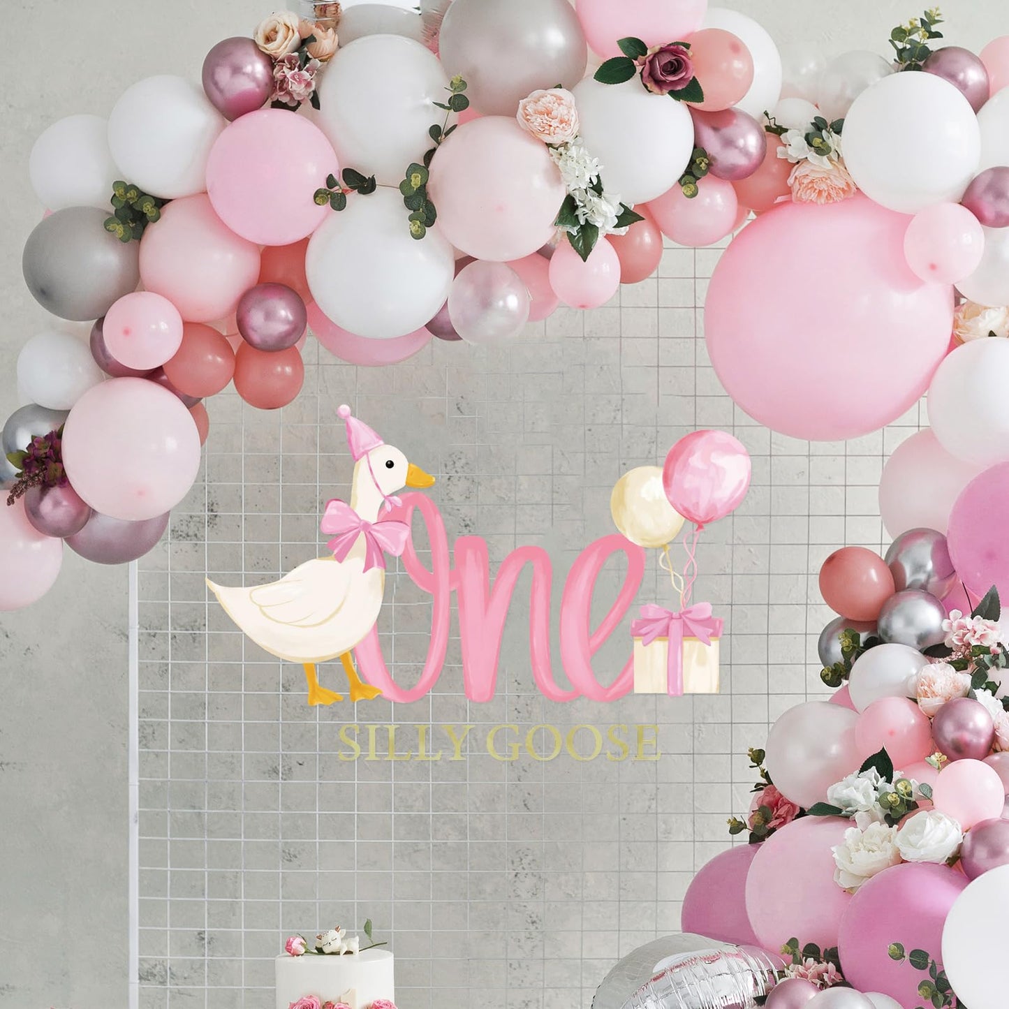 JarThenaAMCS One Silly Goose Party Decal Sign Pink First Birthday Wall Sticker Pink Bow Goose Sweet Party Backdrop Photo Prop for 1st Girl Birthday Balloon Arch