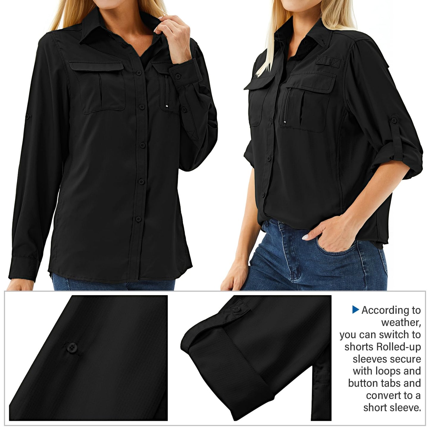 Toumett Women's UPF 50 Long Sleeve UV Sun Protection Safari Shirts Outdoor Quick Dry Fishing Hiking Travel Shirts(5071,Black,L)