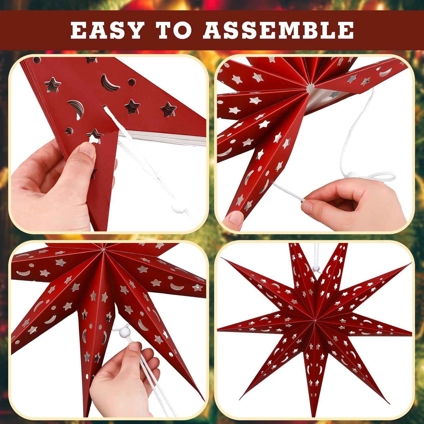 Fullhawl 5 Set 3D Paper Star Lantern - 9 Pointed Hanging Star Lampshade for Xmas Wedding Birthday Party Decor(Brown, Green, Beige, Red, 24 Inch)