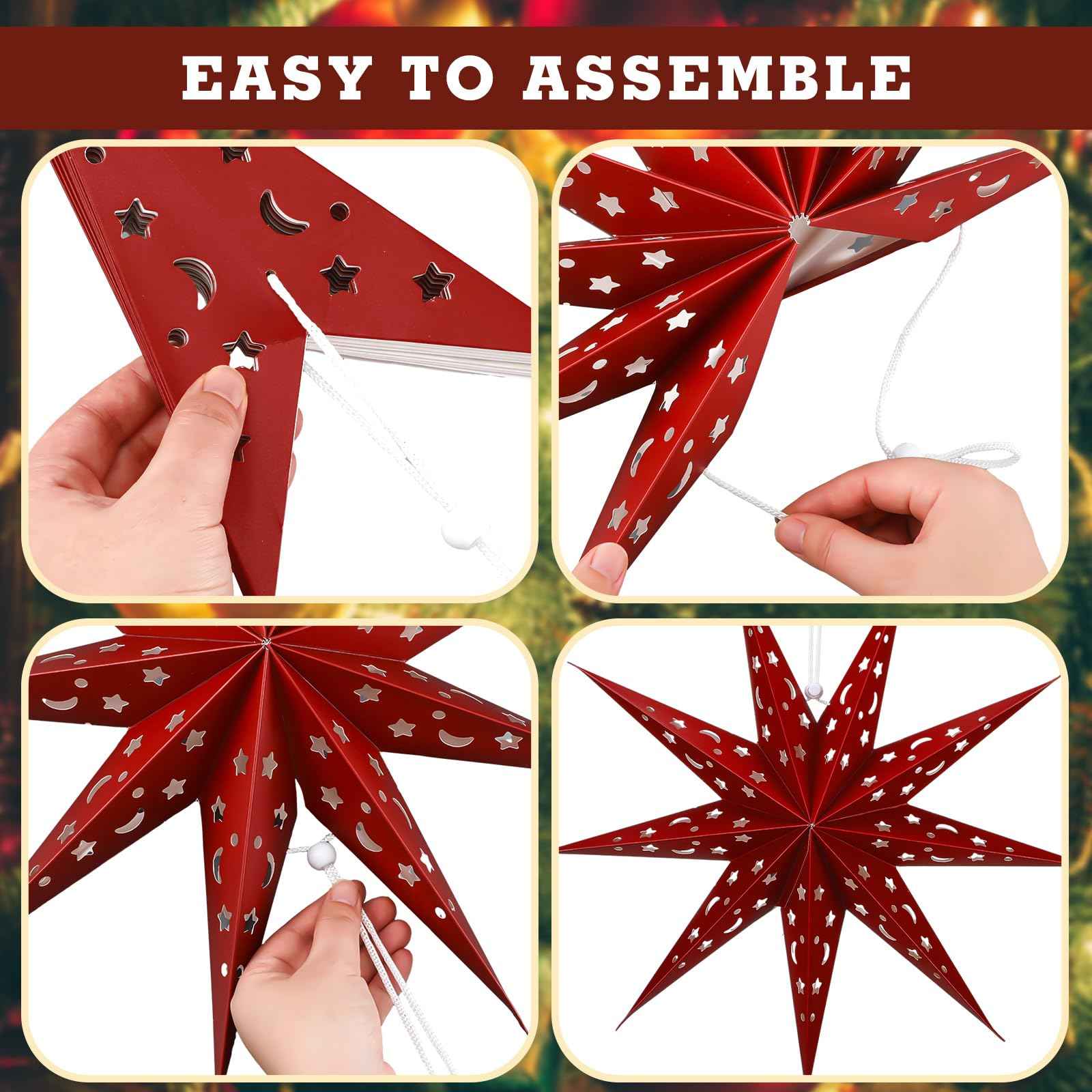 Fullhawl 5 Set 3D Paper Star Lantern - 9 Pointed Hanging Star Lampshade for Xmas Wedding Birthday Party Decor(Brown, Green, Beige, Red, 24 Inch)