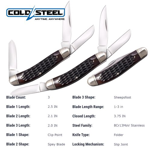 Cold Steel Gentlemen's Stockman Versatile Practical Durable Compact Pocket Folding Knife - 3 Blades; Jigged Bone Handle; Slip Joint Lock
