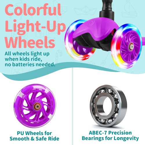 BELEEV A1 Scooter for Kids Ages 2-6, 3 Wheel Scooter with Light-Up Wheels, Non-Slip Deck, Adjustable Handlebar Height, Lean to Steer, Wide Platform, Purple