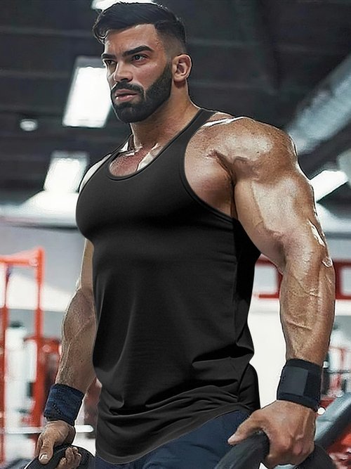 FITMENS Mens Workout Tank Tops Fitness Bodybuilding Sleeveless Gym Muscle Stringer Shirts Black