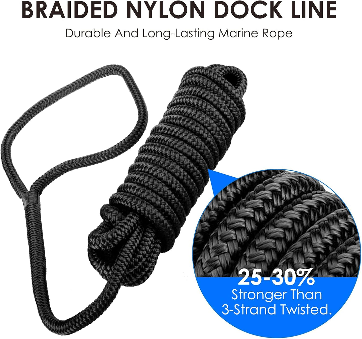 Amarine Made Dock Lines - 1/2” X 15’ Nylon Boat Ropes | 4pcs with 12” Eyelet & 968lbs Load Capacity, Black