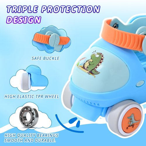 Mpoutik Kids Children's Adjustable Quad Roller Skates Wheels Lock Boys Girls Roller Skate for Beginners Toddlers Baby (Dino Blue)