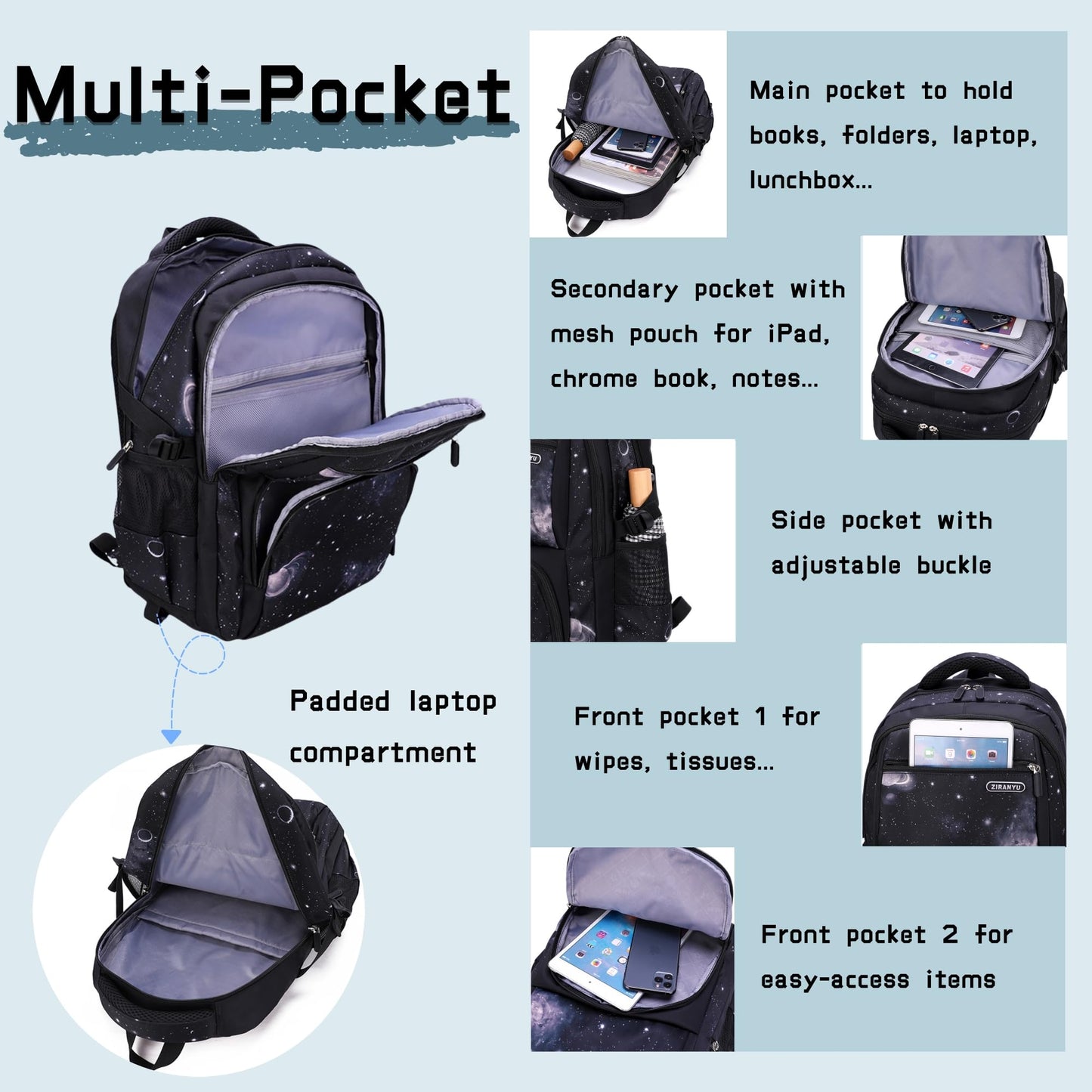 3Pcs Space Print Rolling Backpack Boys Bookbag on Wheels with Lunch Bag, Wheel Trolley Bag for School