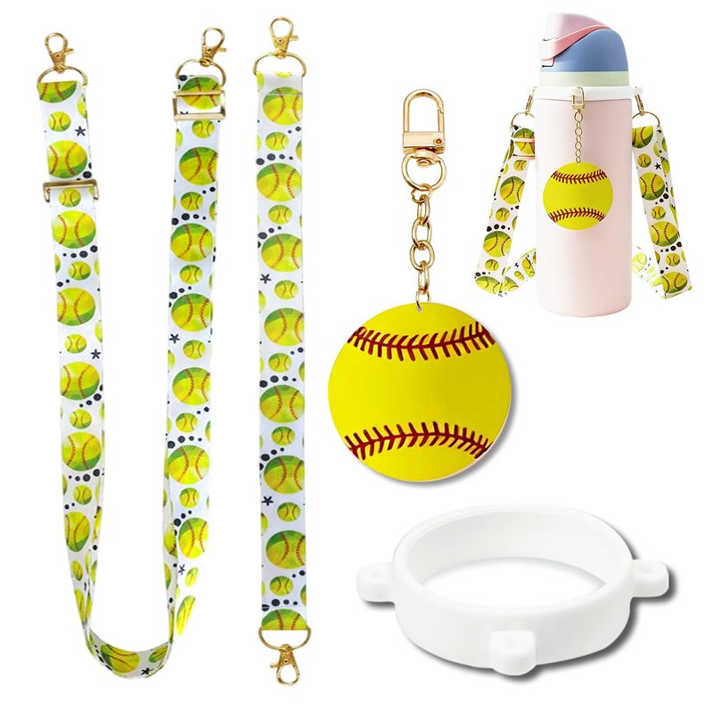 Softball Accessories Set Compatible for Owala Water Bottle 24 oz, 32 oz, 40 oz, Tumbler, FreeSip – Includes Shoulder Strap, Handle Strap, Silicone Ring, Keychain Charm, Softball Gifts for Women Men