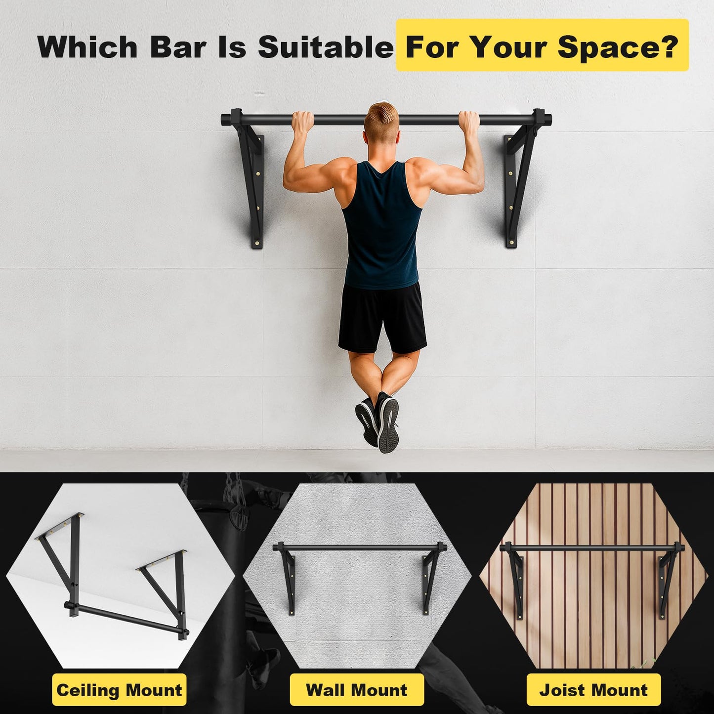 Pull Up Bar Wall Mounted, Adjustable Depth 51" Chin Up Bar, Strength Training Pull-Up Bars 500lbs Weight Capacity, Wall Mounted Pull Up Bars, Chin Up Workout Training Station for Home Gym Garage
