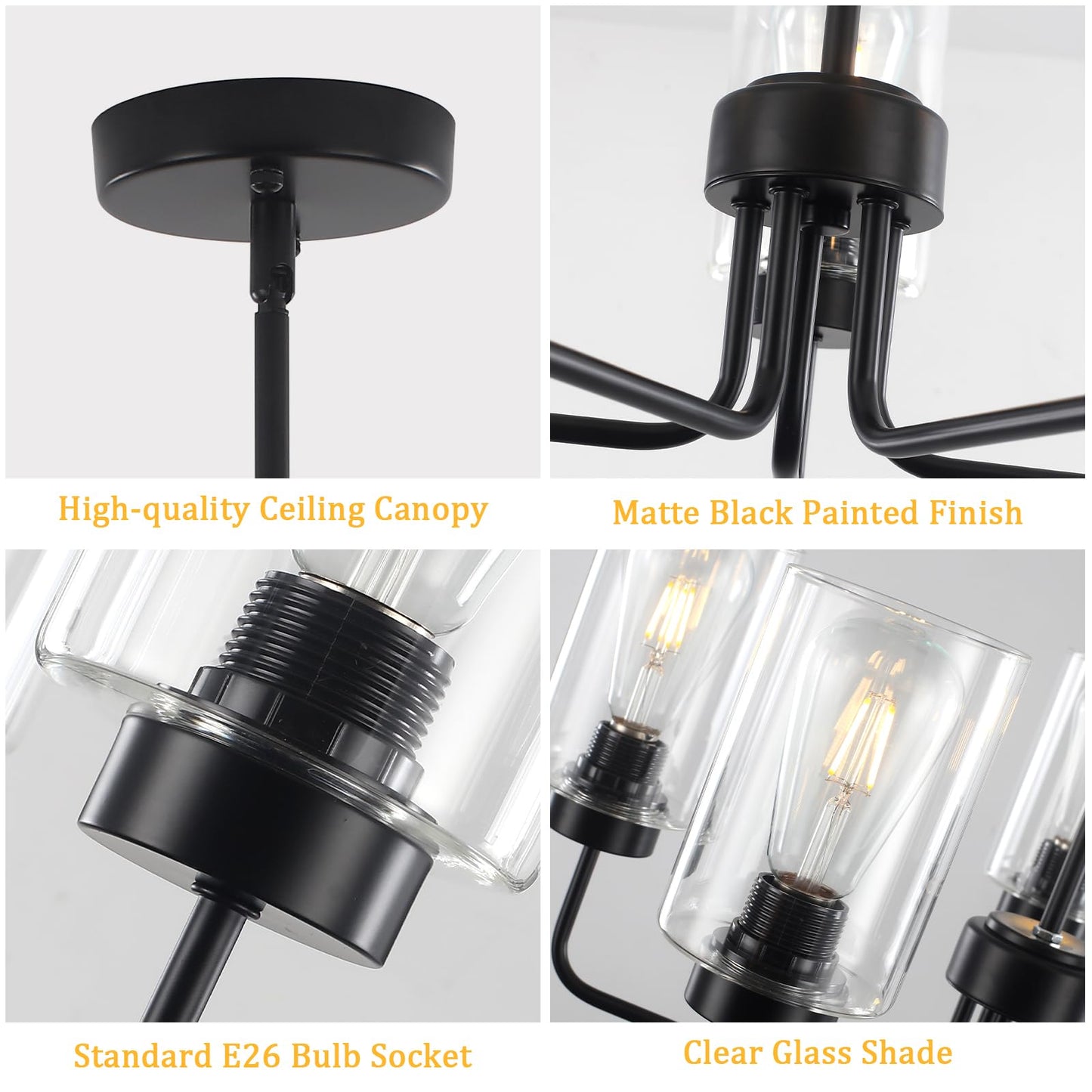 5-Light Modern Farmhouse Black Chandelier for Dining Room, 22" Industrial Pendant Light Fixture with Glass Shades, Adjustable Hanging Ceiling Lamp for Kitchen Island, Living Room, Bedroom, Foyer