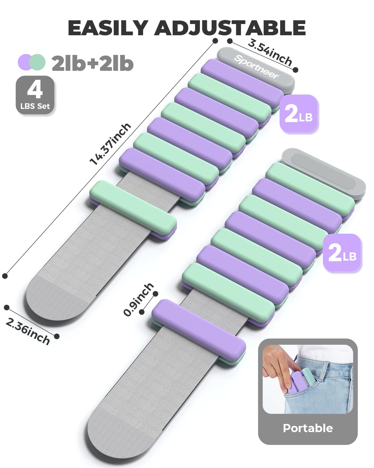 Sportneer Wrist & Ankle Weights for Women Men 4 lbs (2 lb Each) Adjustable Silicone Weighted Bracelet Set for Gym Yoga Pilates Cardio Strength Training Wearable Arm Hand Workout Weights