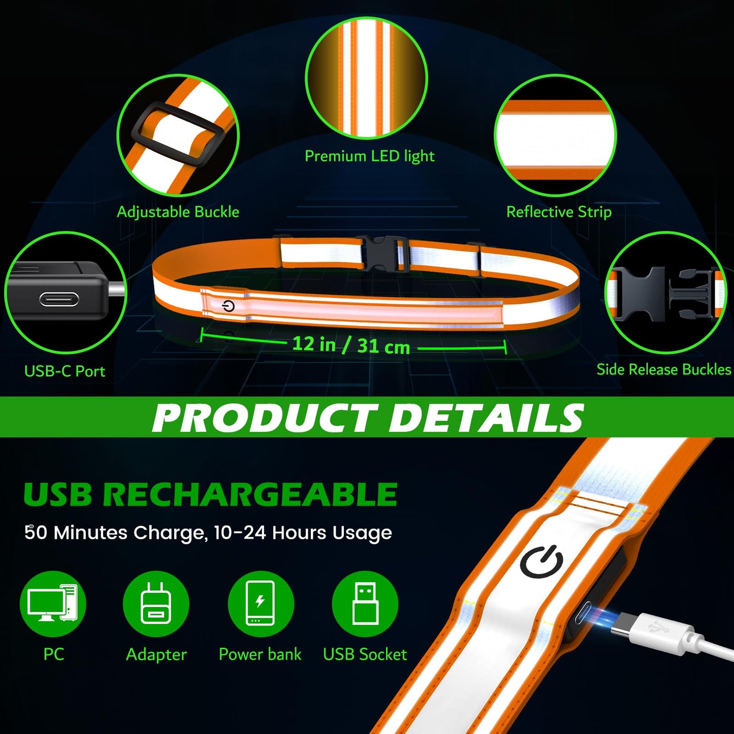 Reflective Sash Gear for Walking at Night,Flashing LED Reflective Belt Safety Lights for Walkers Night Dog Walking Biking Running,High Visibility Rechargeable With Wear 2 Ways for Men Women (Orange)