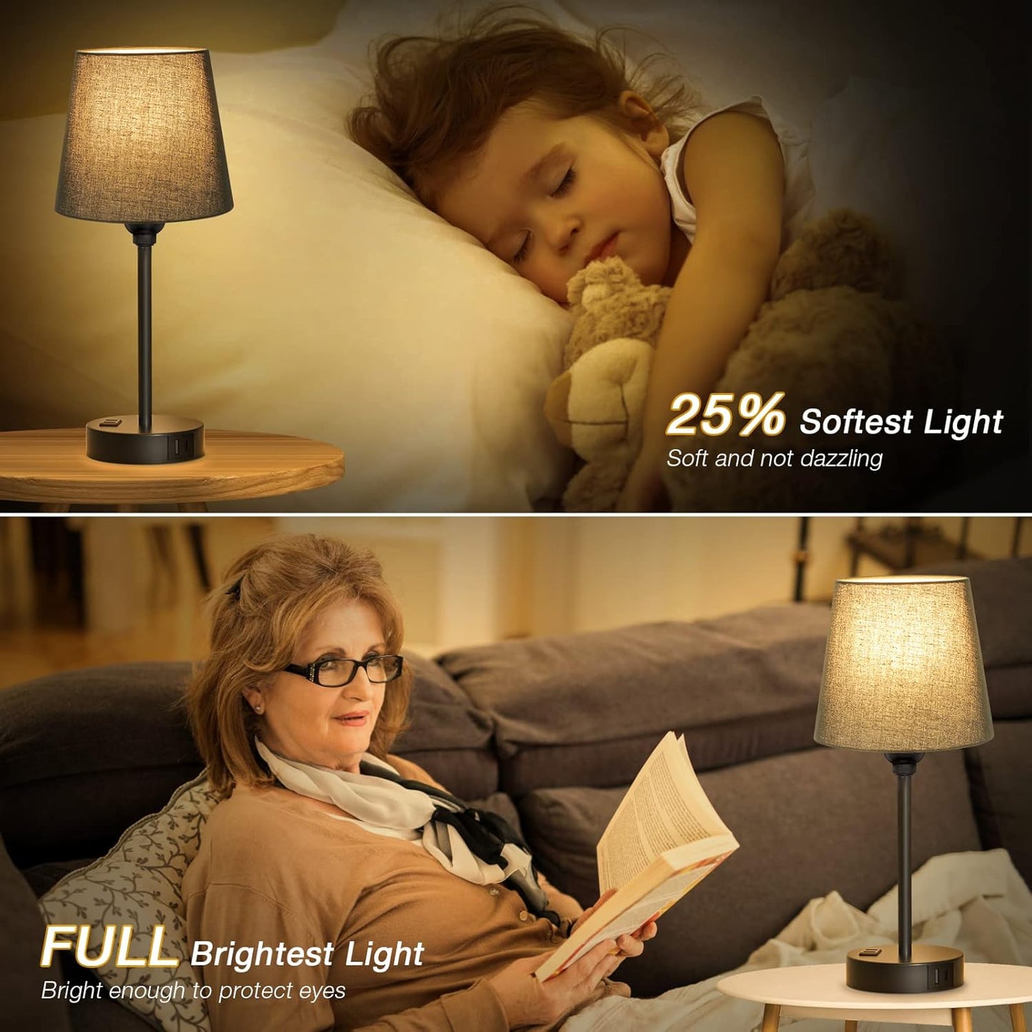 Set of 2 Mini Bedside Lamps with USB-C & AC Outlet - Dimmable Touch Nightstand Lights for Bedrooms