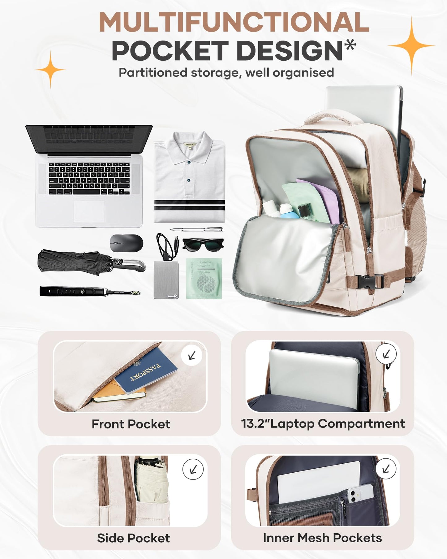coofay Travel Backpack Carry on Flight Approved Mochila De Viaje Personal Item Backpack for Airlines Frontier Airlines Personal Item Bag Large Backpack for Travel Backpacks for Men Women Beige