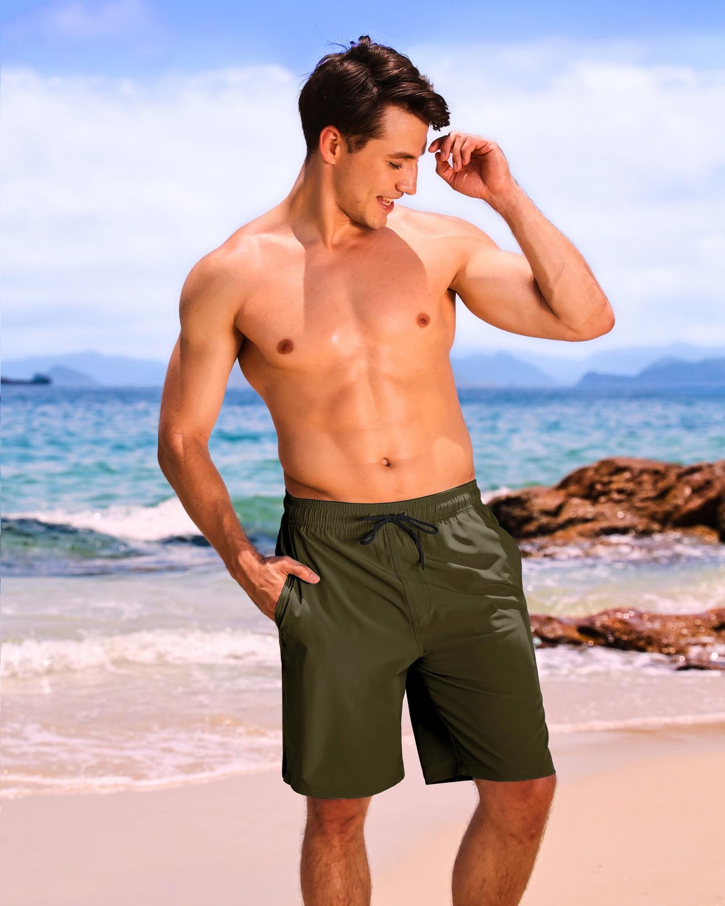 difficort Mens Swim Trunks Bathing Suit 9" Board Shorts,Army Green,Large