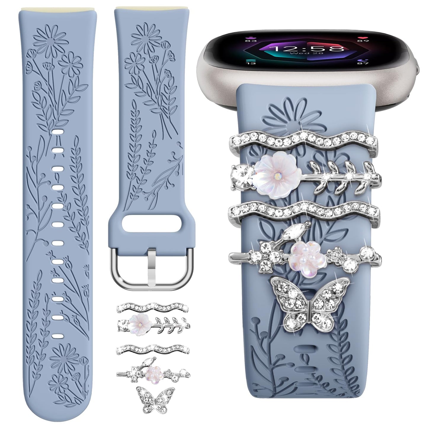 Floral Engraved Bands Compatible with Fitbit Versa 4/Versa 3/Sense 2/Sense Band with Charms, Soft Silicone Sport Fancy Replacement Wristbands Strap with Cute Decorative Rings Accessories for Women