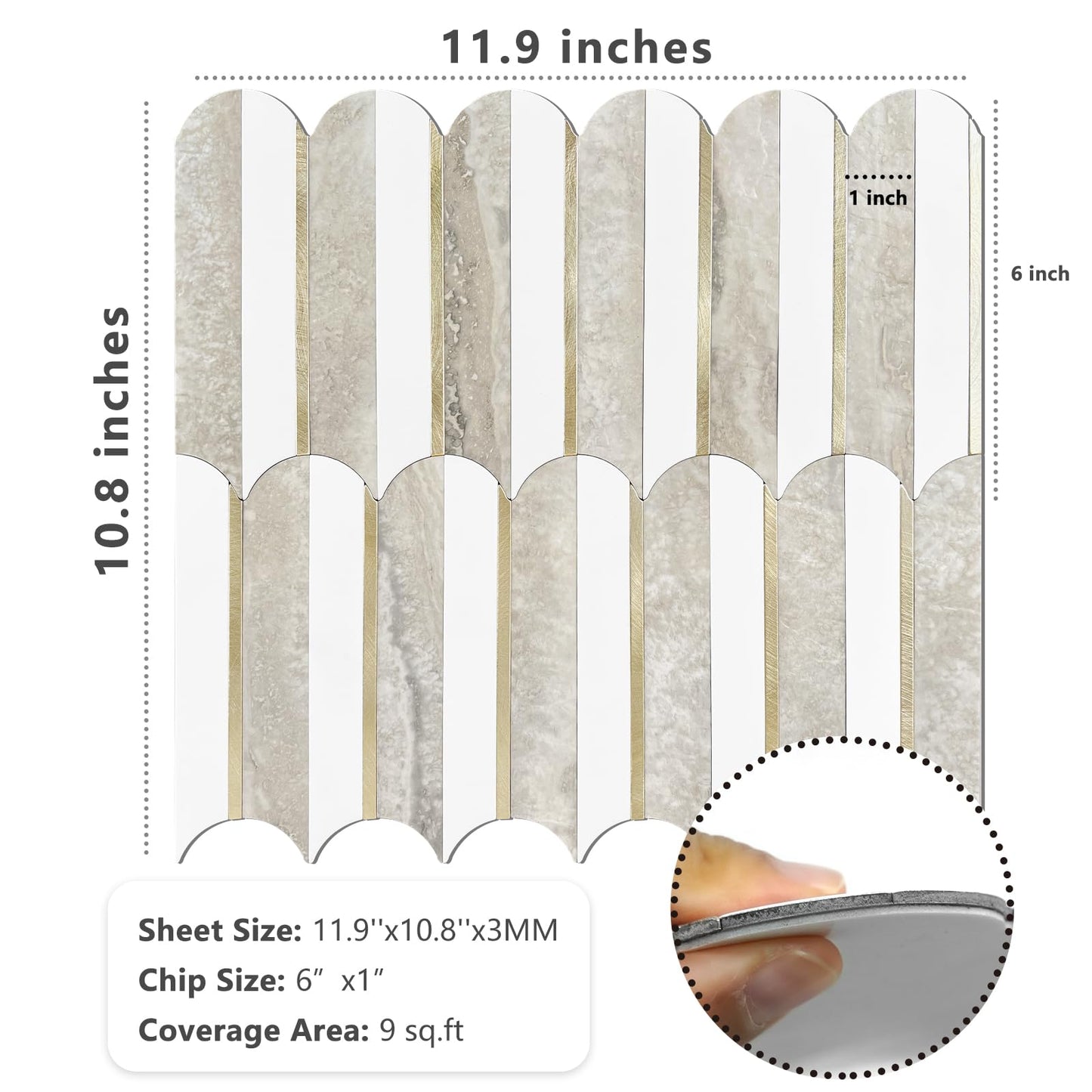 Vamos Tile Peel and Stick Backsplash Seamless Tile,1-Sheet Stick on Backsplash for Kitchen and Bathroom,White and Beige Slate PVC Mixed Metal Gold Self Adhesive Mosaic Tiles
