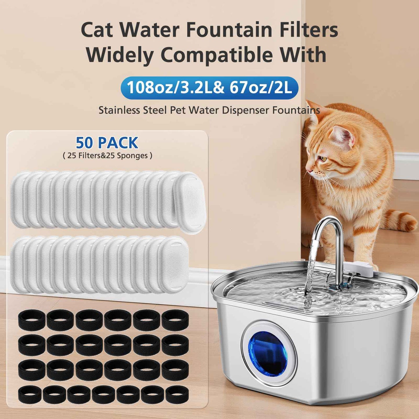 50 Pack Cat Water Fountain Filters for 108/3.2L& 67oz/2L Stainless Steel Pet Water Dispenser Cat/Dog Fountain Filter Replacement(25 Filters & 25 Sponges)