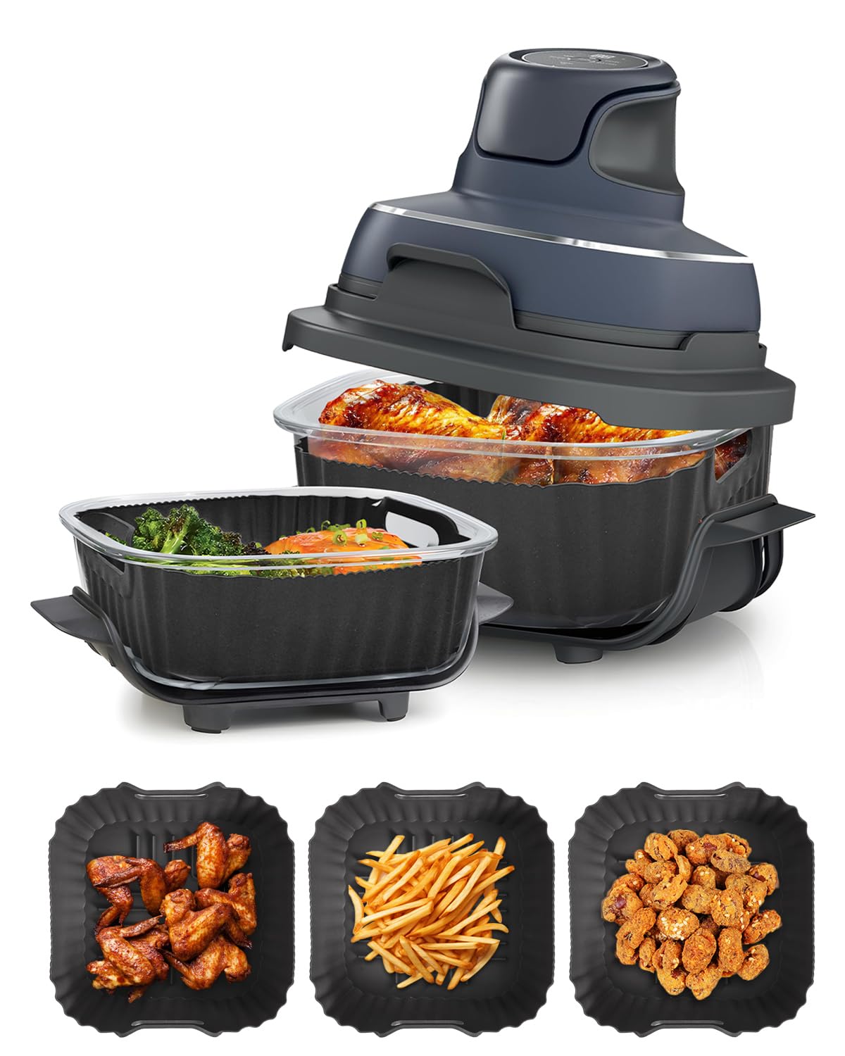 Air Fryer Silicone Liners for Ninja Crispi FN101GY,Non-Stick Ninja Glass Air Fryer Accessories,Big Liner for 4 QT Container & Small Liner for 6 Cups Container,Reusable Airfryer Replacement Insert,Gray