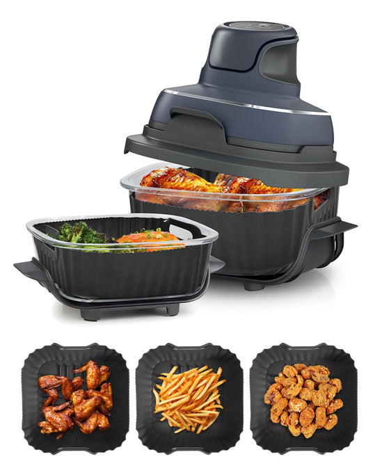 Air Fryer Silicone Liners for Ninja Crispi FN101GY,Non-Stick Ninja Glass Air Fryer Accessories,Big Liner for 4 QT Container & Small Liner for 6 Cups Container,Reusable Airfryer Replacement Insert,Gray