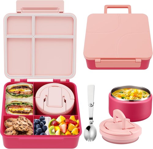 MAXSO Bento Lunch Box Set - Leakproof Hot Food Container with 8 oz Soup Thermo & 4 Compartments - Pink