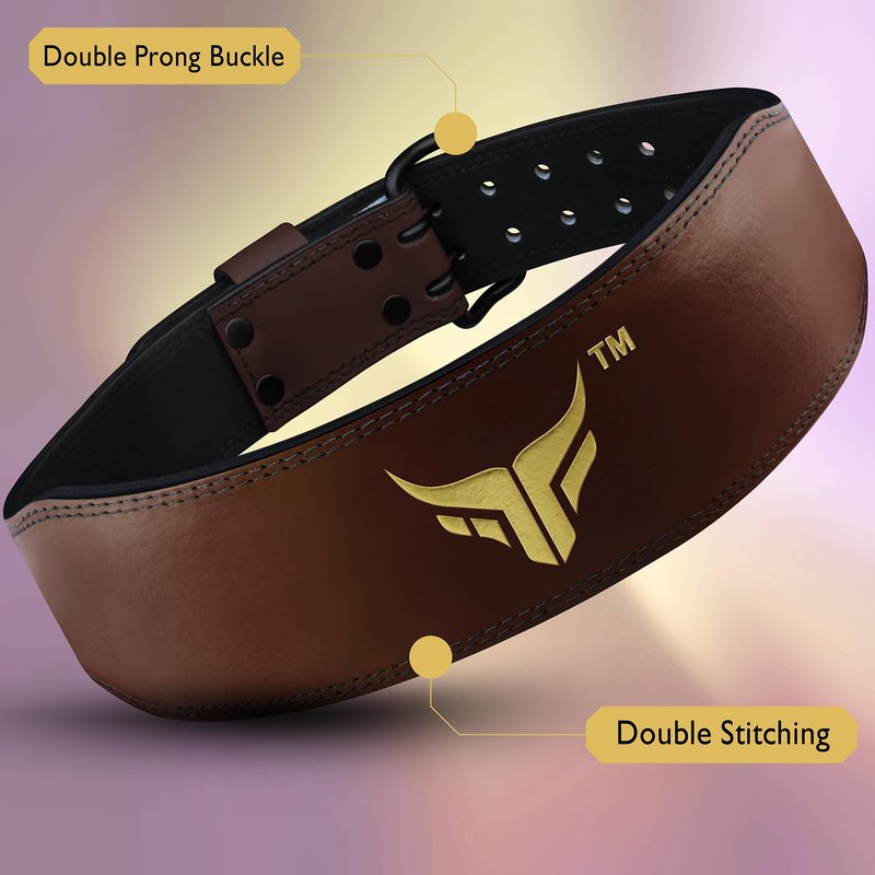 Mytra Fusion Weight Lifting Belt Double Prong Buckle Power Lifting Back Support Belt 100% Leather Gym Belts for Weightlifting Weight Lifting Belts for Men Women, Powerlifting, Strength Training, Squat
