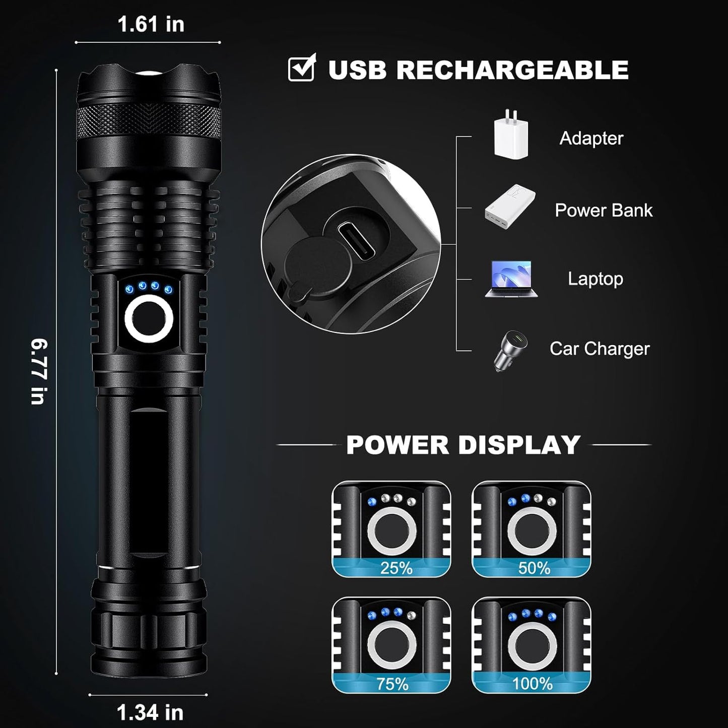 High Lumens 90,000LM Rechargeable LED Flashlights - 3 Pack, 5 Modes, Waterproof for Home & Camping