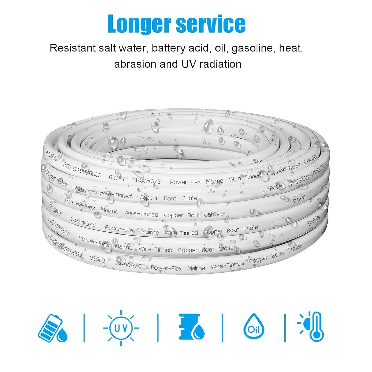 Triplex Marine Wire - 14 Gauge Tinned Copper Boat Cable, 30ft OFC for Automotive & Solar Use