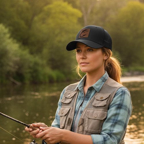 Fishing Leather Patch Trucker Hat-Adjustable Baseball Caps,Snap Back Trucker Cap Gift for Men Women Accessory