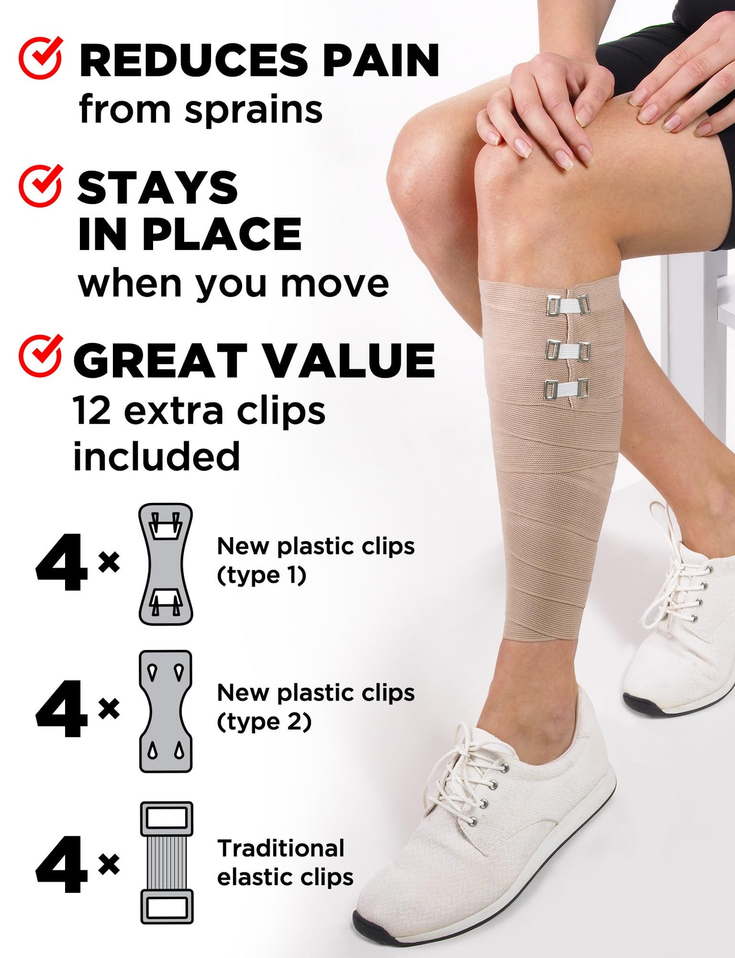 Premium Elastic Bandage Wrap - 4pk (2x3in, 2x4in) + 12 Extra Clips - Strong Compression Bandage Wrap for Leg, Arm, Wrists, Elbow, Ankles, Feet and Knees - for First Aid Kit and After Surgery Recovery