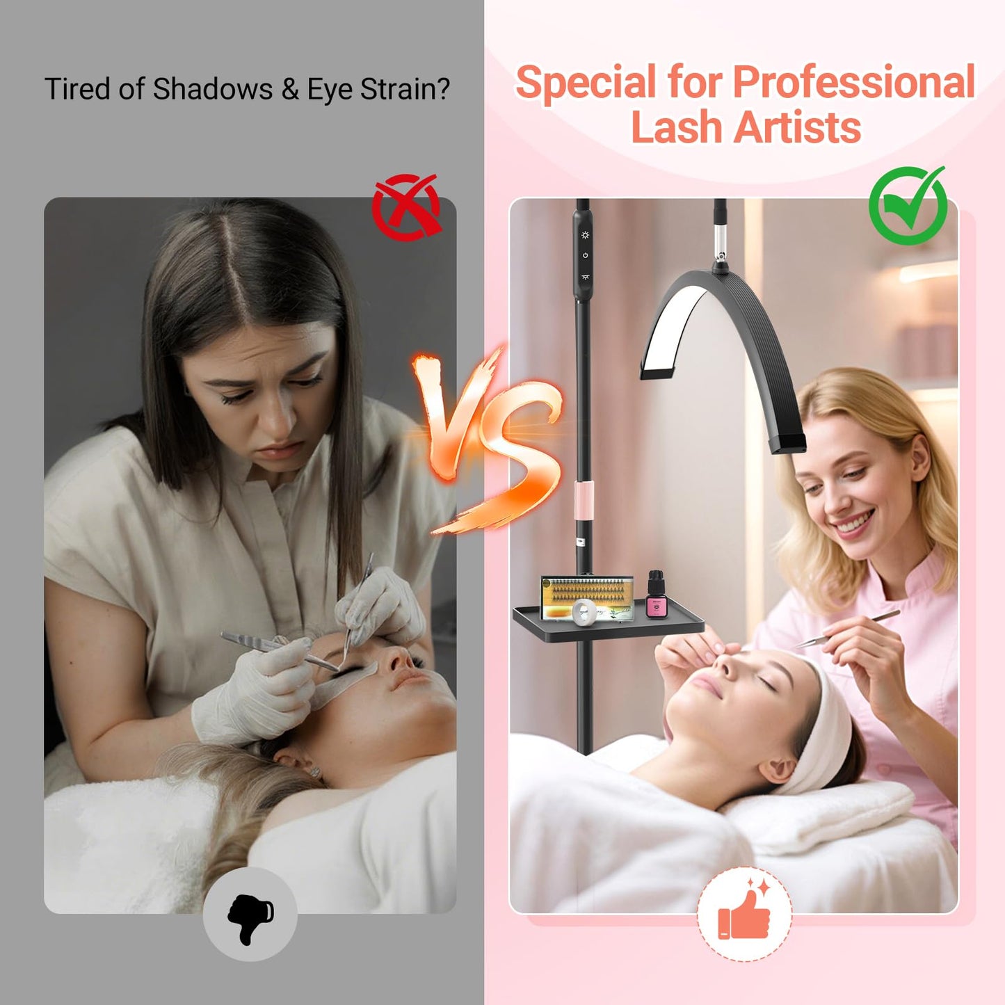 LIONVISON Half Moon Lash Light: 6500K LED Lamp Ring Light with Tray - 360° Flexible Gooseneck Durable Metal Stand - Salon Use for Lash Artists Eyelash Extensions (23In Black)