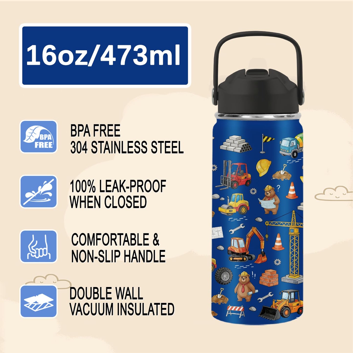 Vprontse Kids Water Bottle Insulated - Unicorn Water Bottle for Kids, 16oz Stainless Steel Insulated Water Bottles with Straw, Leakproof BPA-Free Unicorn Water Bottles for School Sports Trave